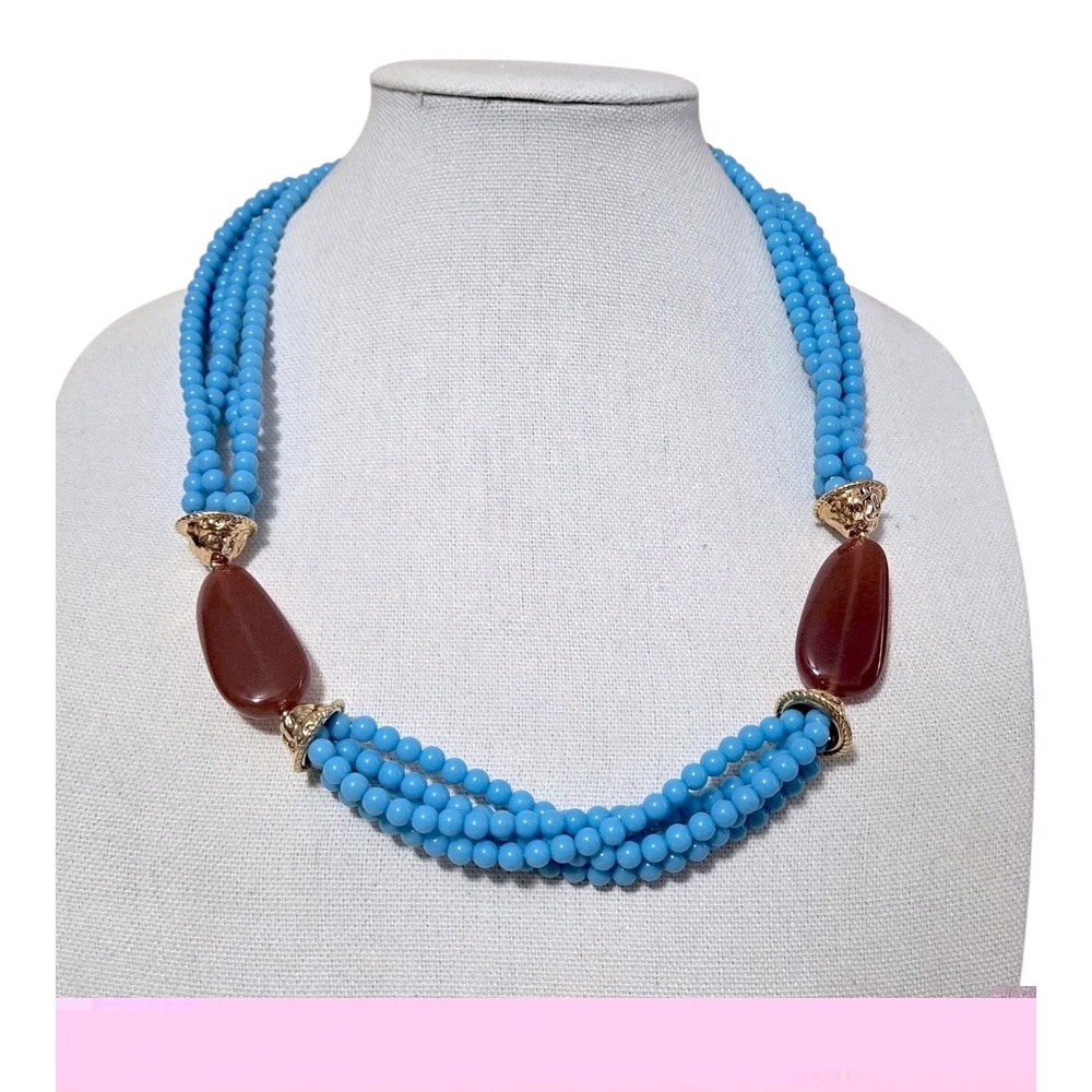 Kenneth Jay Lane Grand Stand Faux Turquoise and Carnelian Bead Necklace 26"